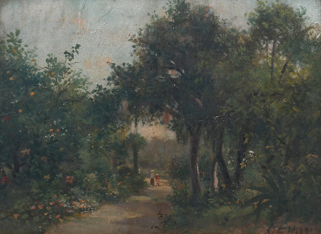 GEORGE FRANK HIGGINS FLORIDA LANDSCAPE PAINTING: HIGGINS, George Frank, (American, 19th/20th Century): Two Figures Walking along a Path through a Florida Landscape, Oil/Canvas, 12.5" x 16.25", signed lower right, framed, 16.25" x 20.25".