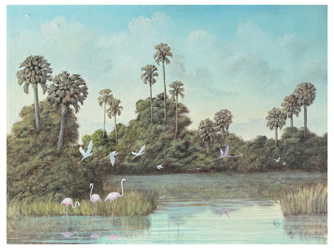 JOE GIBBS FLAMINGOS AND EGRETS IN SWAMP PAINTING (1 of 3)