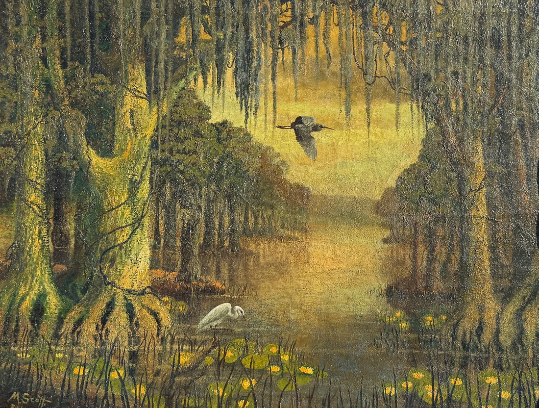 FLORIDA EVERGLADES PAINTING BY M. SCOTT: FLORIDA EVERGLADES PAINTING BY M. SCOTT: Oil/Canvas, 30.25" x 40.25", signed lower left, framed, 37.25" x 47.5".