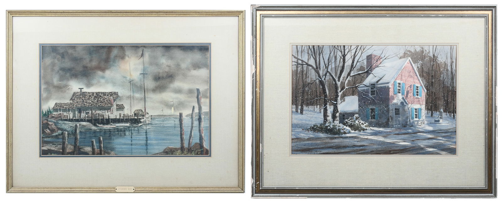 TWO CRAIG MYERS WATERCOLOR LANDSCAPE PAINTINGS: MYERS, Craig, (American, 20th Century): Two Watercolors: 1) Northern Country Scene with Old Schoolhouse, sight size 14” x 21.5”, signed lower left, framed, 25.5” x 32”; 2) Dock