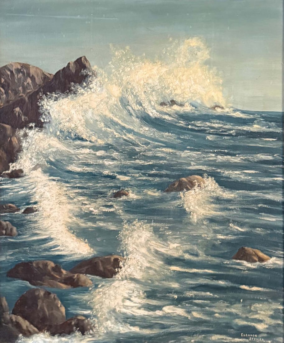 ELEANOR STEVICK “SURF AND ROCKS” PAINTING: ELEANOR STEVICK “SURF AND ROCKS” PAINTING: Oil/Canvas, 30" x 24", signed lower right, signed and titled on the stretcher verso, carved wood frame, 38" x 32".