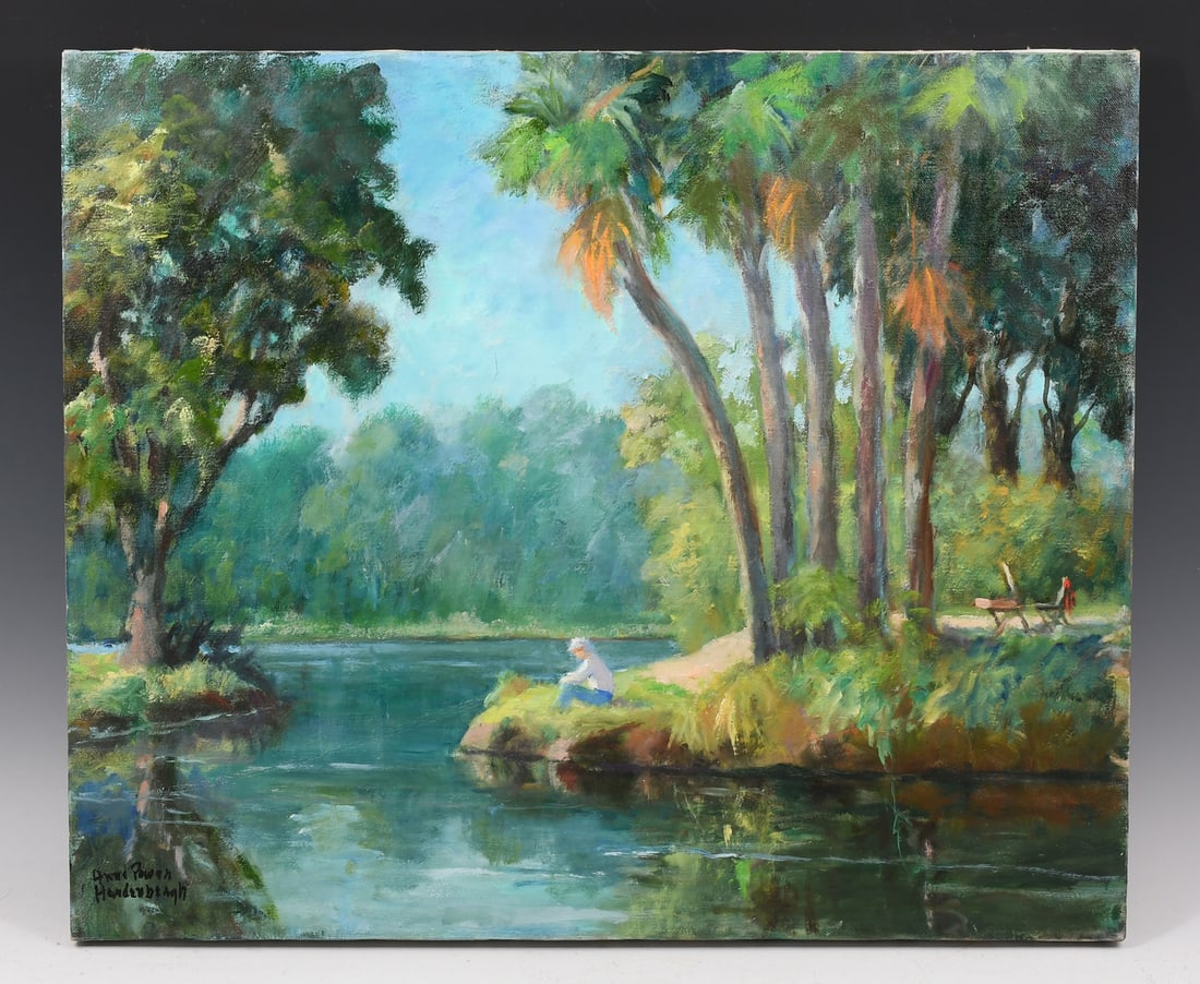 ANNE HARDENBERGH MYAKKA RIVER LANDSCAPE PAINTING: HARDENBERGH, Anne Power, (American, 1915-1999): "A Pause From Painting", Oil/Canvas, 20" x 24", signed lower left, old label verso with artist bio and title, unframed.