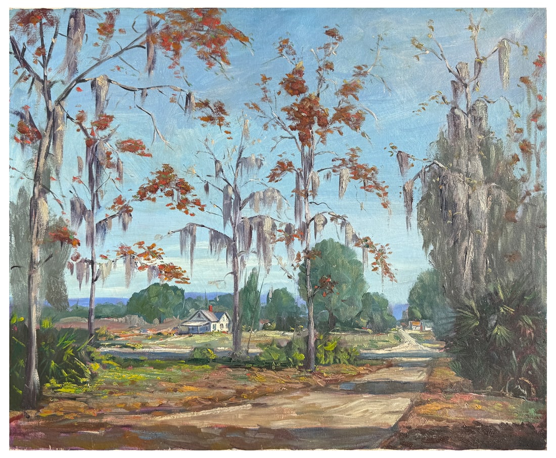 CHARLES STEPULE BACKCOUNTRY ROAD PAINTING: STEPULE, Charles, (American, 1911-2006): Backcountry Road with Distant Houses and Trees with Spanish Moss, Oil/Canvas, 30" x 36", indented signature lower right, unframed.