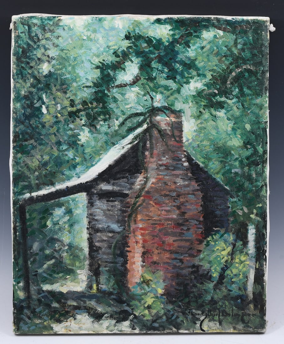 FRANZ JOSEF BOLINGER FOREST CABIN PAINTING: BOLINGER, Franz Josef, (American, 1903-1986): Backcountry Cabin in a Dense Forest, Oil/Canvas, 20" x 16", signed lower right, unframed.