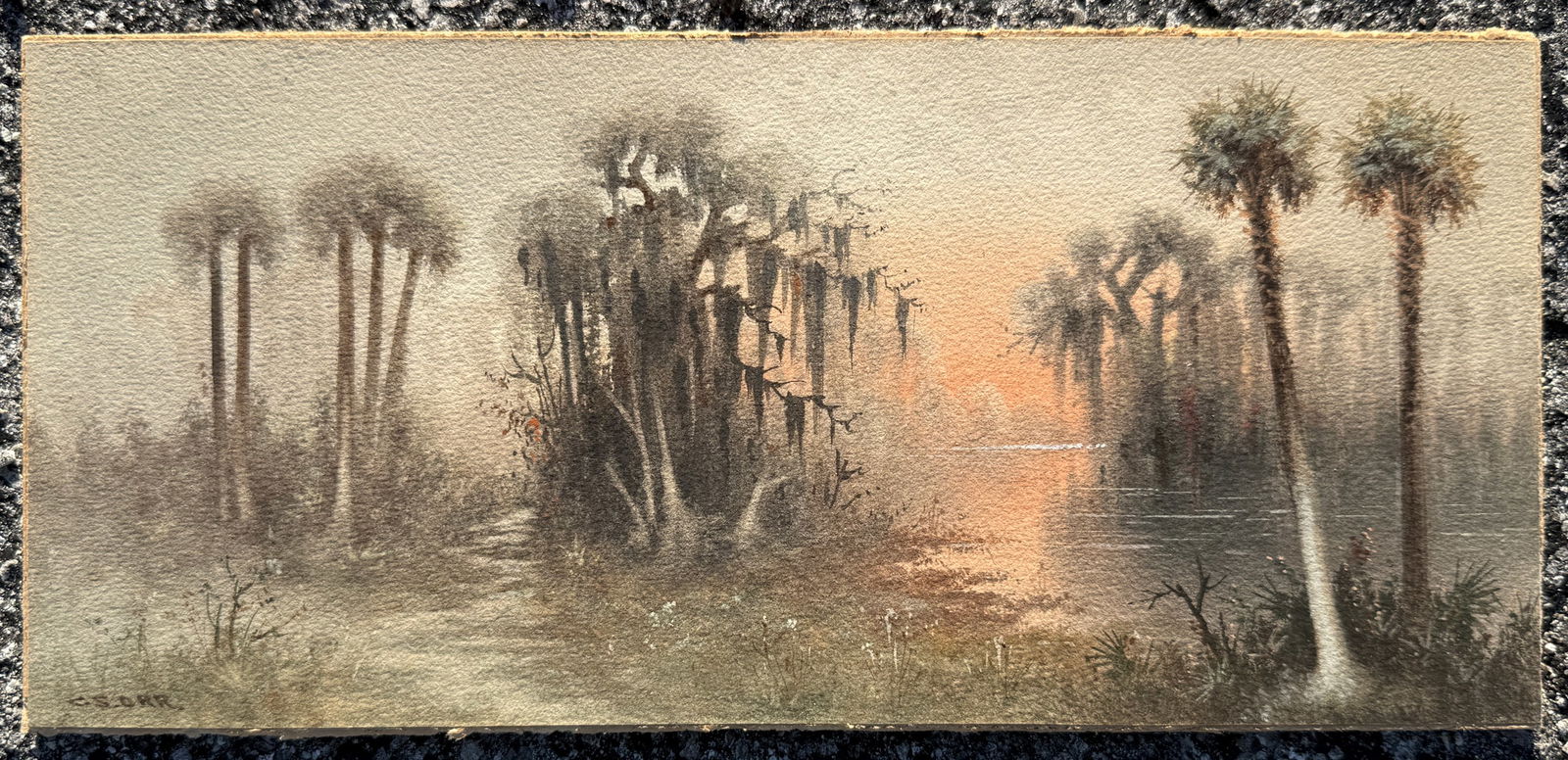 CHAMBERS STANLEY ORR RIVER PATH WATERCOLOR PAINTING: ORR, Chambers Stanley "C.S.", (American, 20th Century): Backwater Landscape with Dirt Path Under Palms with Spanish Moss, Watercolor/Paper affixed to Board, 5.375" x 11.875", signed lower left, unfram