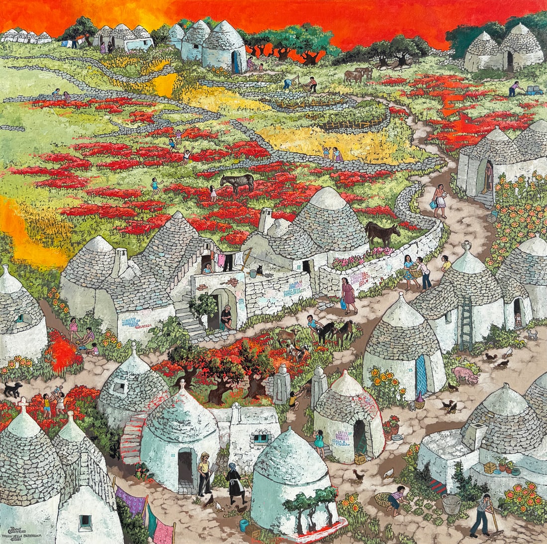 PENNY COSENTINO TOWN LANDSCAPE PAINTING: COSENTINO, Penny, (20th Century): Rural Spanish Townscape, Oil/Canvas, 36" x 36", signed lower left with possible title and dated 1985, framed, 37.25" x 37.25".