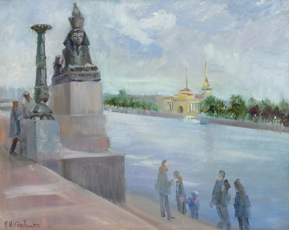 NINA MIKHAILENKO QUAY WITH SPHINXES RUSSIAN PAINTING: MIKHAILENKO, Nina, (Russian/American, 20th Century): The Universitetskaya Embankment in Saint Petersburg, Russia, with one of its famous sphinx statues and the Imperial Academy of Arts in the backgrou