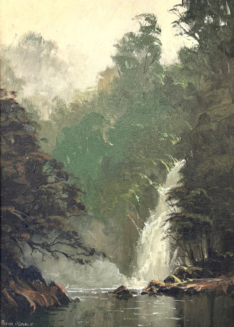 PETER BEADLE CASCADE FALLS PAINTING: BEADLE, Peter, (New Zealand, 1933-2021): Cascade Falls, Cascade Basin, Long Sound Preservation Inlet Fjordland. Oil/Canvasboard, 24" x 20", signed lower left, titled/signed/dated 1987 verso, framed, 2