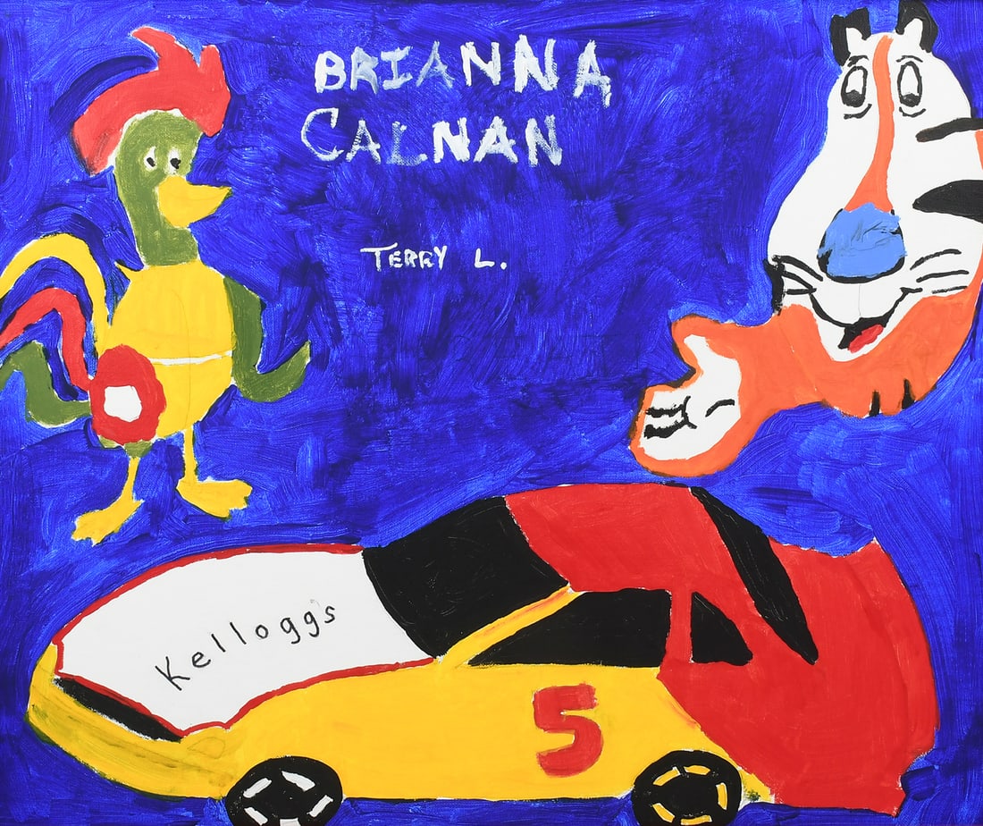BRIANA CALNAN & TERRY LABONTE RACE CAR PAINTING: BRIANA CALNAN & TERRY LABONTE NAIVE FOLK ART RACE CAR PAINTING: Folk Art rendition of NASCAR driver Terry Labonte's Number 5 car, with the Kellogg's Corn Flakes mascot and Tony the Tiger. Acrylic/Canv