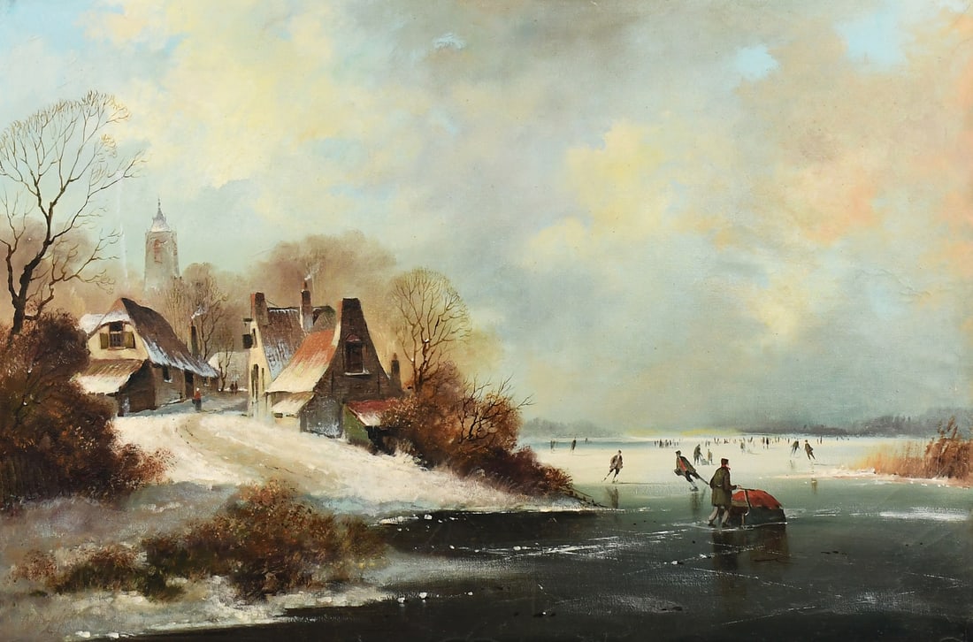 VINCENT VELDHUYSEN DUTCH ICE SKATING PAINTING: VELDHUYSEN, Vincent, (Dutch, b. 1912): Country Town Residents Skating on a Frozen Lake, Oil/Canvas, 24" x 36", signed lower left, fine gilded frame, 33.375" x 45.25".