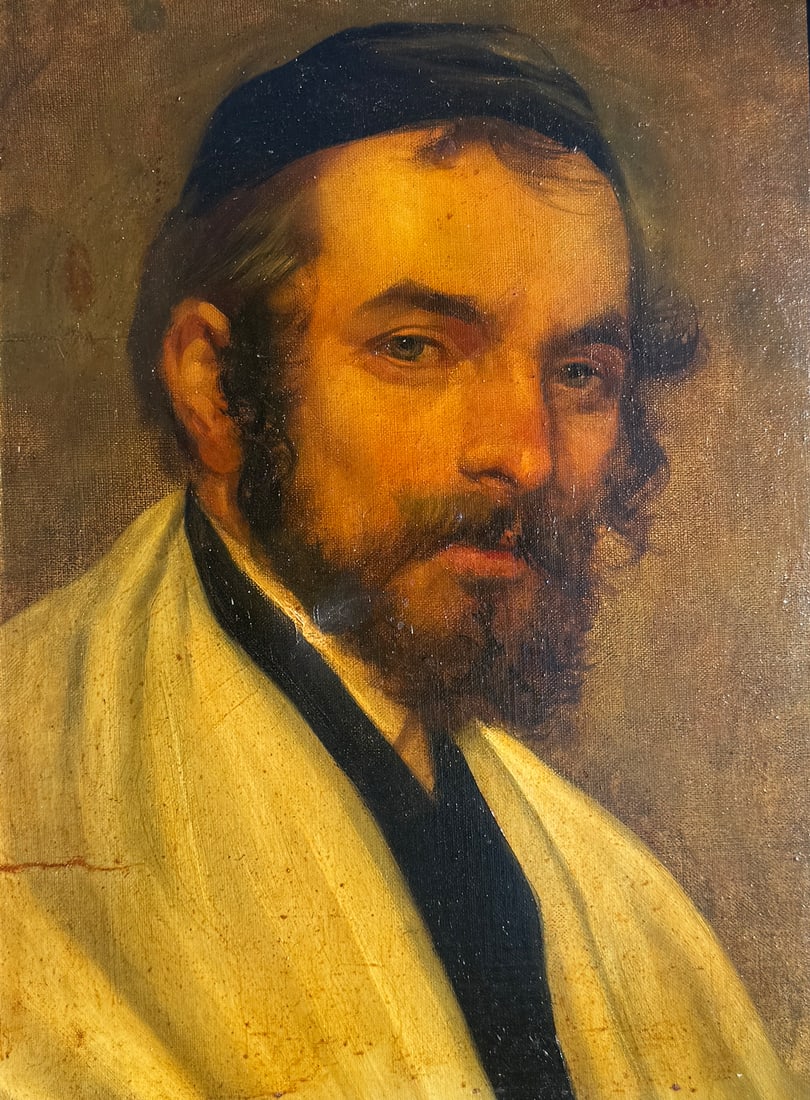 FINE QUALITY ILLEGIBLY SIGNED RABBI PORTRAIT: FINE QUALITY ILLEGIBLY SIGNED RABBI PORTRAIT PAINTING: Oil/Canvasboard, 16" x 12", signed upper left "Szene" (?), signed upper right, framed, 21.5" x 17.5".