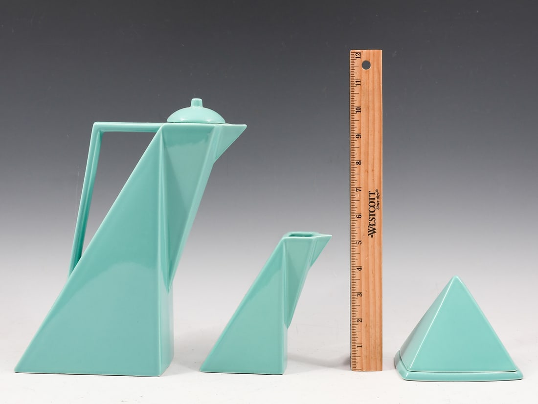 3 PC. FRENCH POSTMOD SALINS STUDIO TEA SERVING SET: 3 PC. FRENCH POSTMODERN SALINS STUDIO TEA SERVING SET: French postmodern ceramic tea service, Pierre Casenove (French, b.1943) for Salins Studio. Comprising; 1- Teapot, 1- Creamer, & 1- Lidded Sugar b