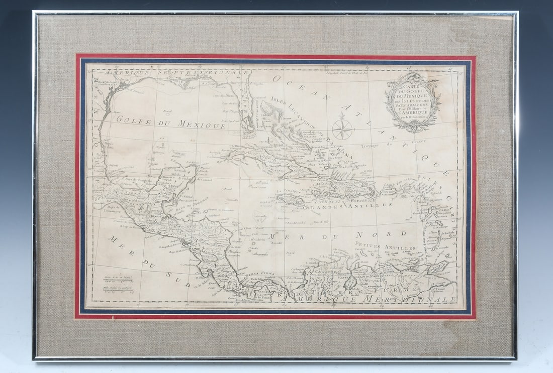 19TH-C. FRENCH MAP OF THE GULF OF MEXICO: 19TH-C. FRENCH MAP OF THE GULF OF MEXICO: Mid to early 19th-Century map of Golfe Du Mexique by French Hydrographer Jacques-Nicholas Bellin. Approx. 12.25" h x 19.25" w . Framed Approx. 17.5" h x 24.25
