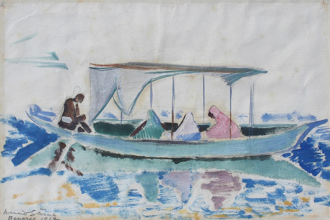 MAURICE STERNE BENARES PAINTING 1912: STERNE, Maurice, (Latvian, 1878-1957): "Benares" Depicting 4 Figures in a Boat, Gouache, sight size 8.5" x 12.75", signed lower left, titled and dated 1912, framed 13.5" x 17.25". Sotheby's receipt fr