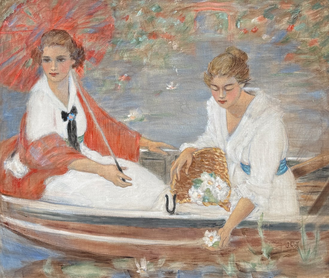 LARGE JAMES ROSS PAINTING OF GIRLS IN A BOAT: LARGE JAMES ROSS PAINTING OF GIRLS IN A BOAT: Two Young Women in a Lake Boat, Oil/Canvas, 40" x 48", signed lower right, painted gesso frame, 50.75" x 58.75".