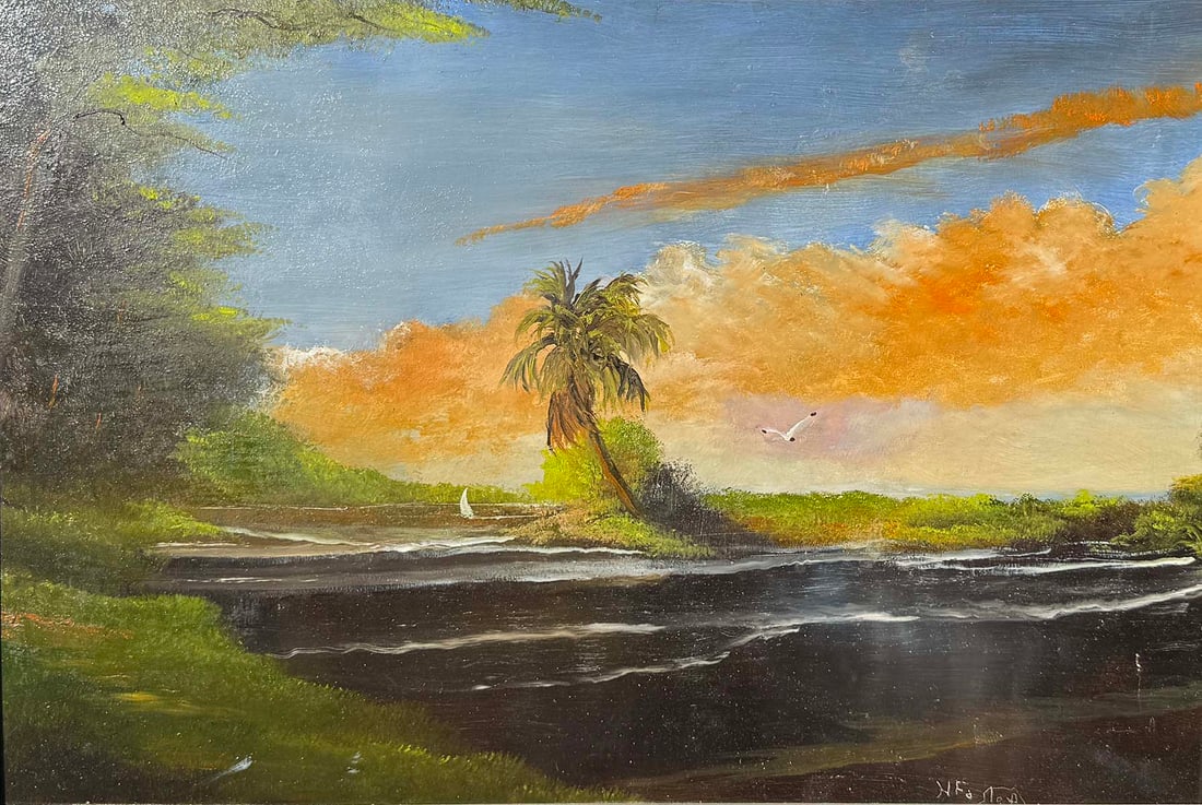 HORACE FOSTER FLORIDA HIGHWAYMEN-STYLE BACKWATERS: FOSTER, Horace, (American, 20th Century): Florida Highwaymen-Style Backwater Scene with Sailboat, Gull, and Palm. Oil/Masonite, 22.5" x 32.5", signed lower right, framed, 26" x 36.5".