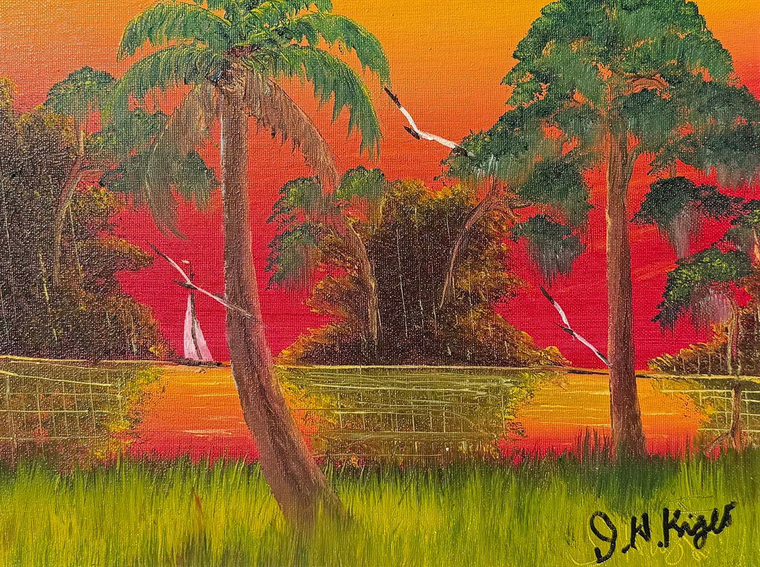 ISAAC KNIGHT FLORIDA HIGHWAYMEN SUNSET PAINTING: KNIGHT, Isaac, (American, 1941-2022): Florida Highwaymen Landscape with Sailboat, Gulls, Palms, and Brilliant Sunset. Oil/Canvas, 12" x 16", signed lower right, framed, 15.75" x 19.5".