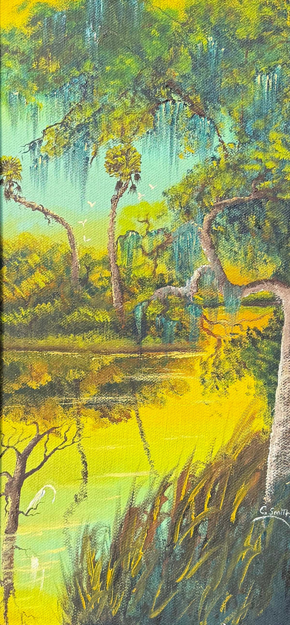 CARNELL SMITH FLORIDA HIGHWAYMEN SUNSET BACKWATER PAINTING: SMITH, Carnell Ambrose, (American, 1950-2015): Florida Highwaymen Backwater Sunset, Oil/Board, 23.5" x 12", signed lower right, framed, 27" x 15.25".