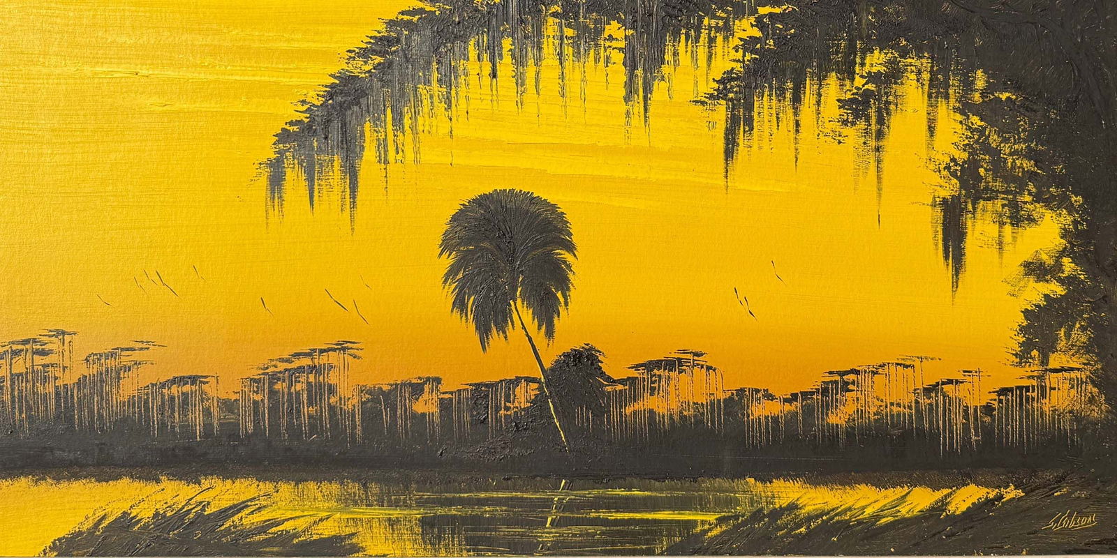 LARGE JAMES GIBSON FLORIDA HIGHWAYMEN LEMON SKY PAINTING: GIBSON, James, (American, 1938-2017): Lemon Sky Florida Highwaymen Sunset Painting, Oil/Upson Board, 24" x 48", signed lower right, framed, 28" x 49.5".