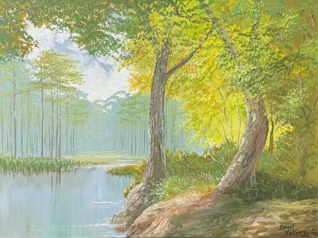 ROBERT BUTLER FLORIDA HIGHWAYMEN WOODLAND STREAM PAINTING: BUTLER, Robert, (American, 1943-2014): Florida Highwaymen Woodland Stream, 18" x 24", signed lower right and dated 1980, framed, 24.75" x 31".