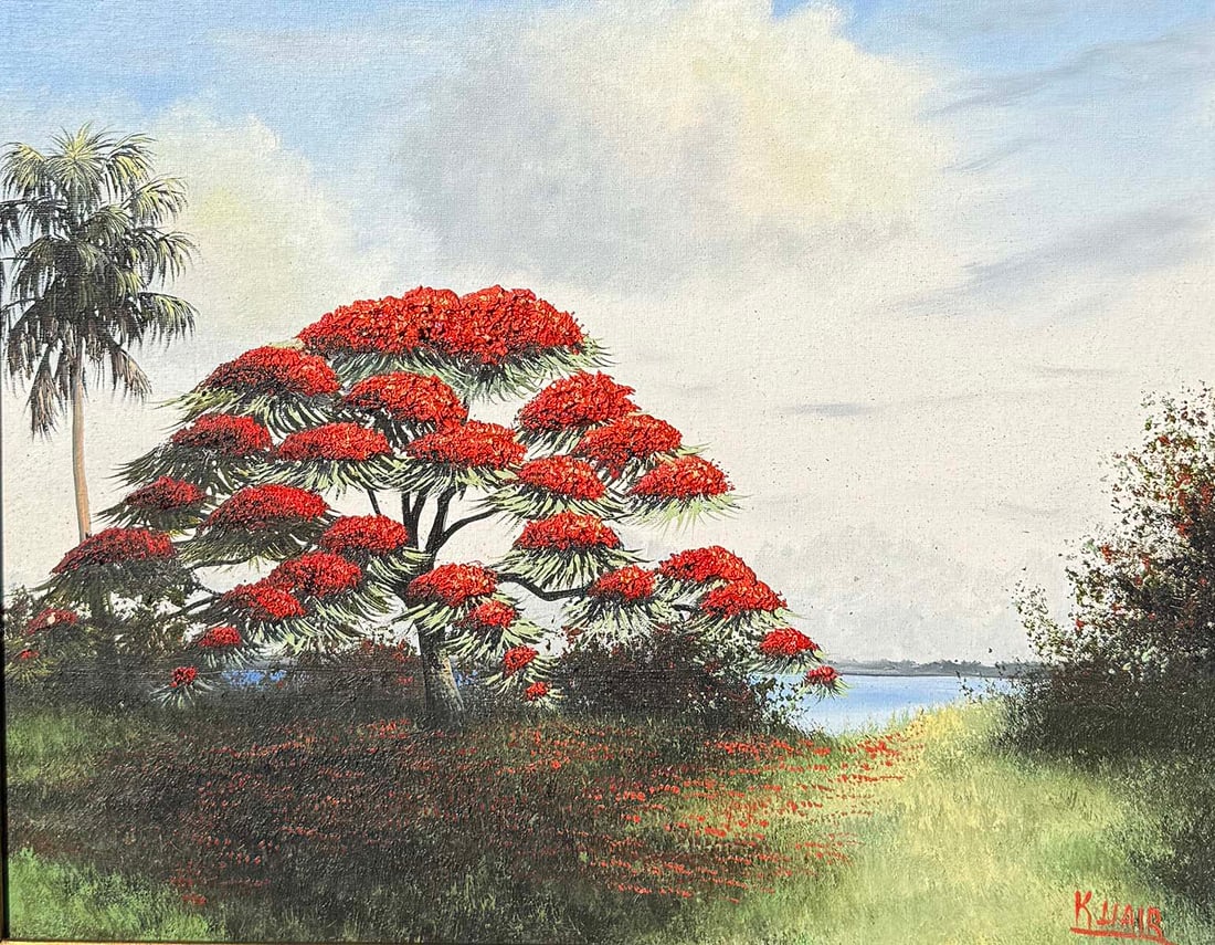 KELVIN HAIR ROYAL POINCIANA HIGHWAYMEN-STYLE PAINTING: HAIR, Kelvin, (American, 21st Century): Florida Highwaymen-Style Landscape with Palms and Royal Poinciana, Oil/Canvasboard, 16" x 20", signed lower right, framed, 23.5" x 27.5".