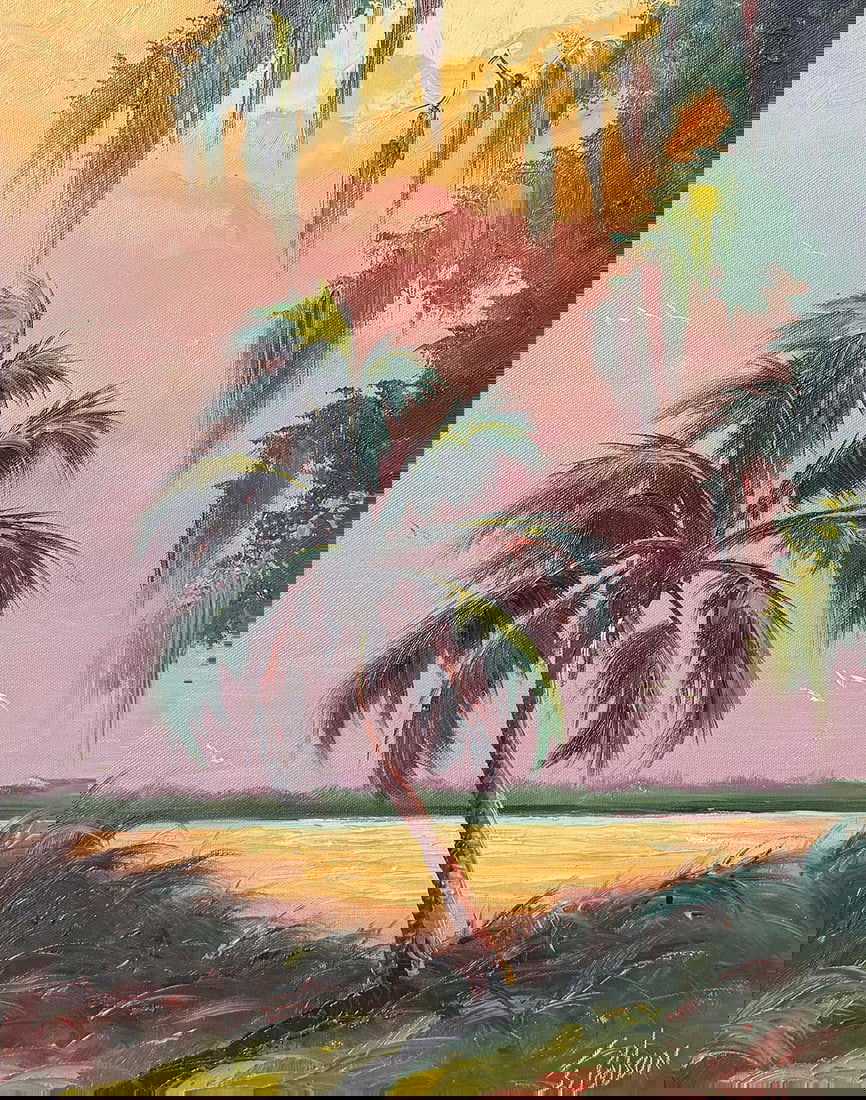 JAMES GIBSON FLORIDA HIGHWAYMEN SUNSET LANDSCAPE PAINTING: GIBSON, James, (American, 1938-2017): Florida Highwaymen Sunset Landscape with Gulls and Palms and River View, Oil/Canvas, 20" x 16", signed lower right, framed, 23.25" x 19".