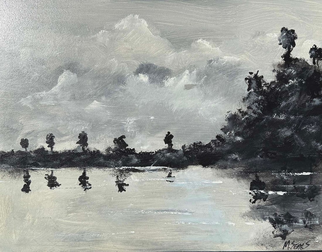 MARK SEARS FLORIDA HIGHWAYMEN-STYLE LAGOON PAINTING: MARK SEARS FLORIDA HIGHWAYMEN-STYLE LAGOON PAINTING: Monochromatic Oil/Masonite, 22" x 28", signed lower right, framed, 24" x 30".