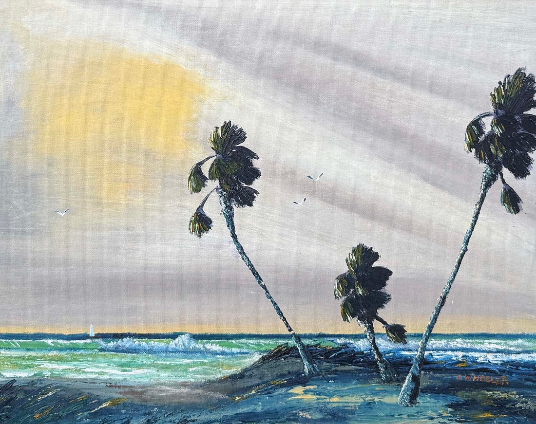 CHICO WHEELER FLORIDA HIGHWAYMEN BEACH SCENE: WHEELER, Charles "Chico", (American, b. 1946): Florida Highwaymen Beach Scene with Palms and Sailboat, Oil/Canvasboard, 16" x 20", signed lower right, framed, 21" x 25.5".