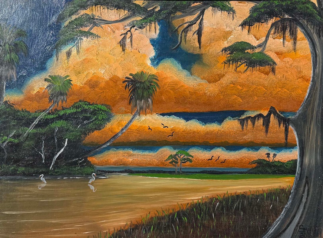 CARNELL SMITH FLORIDA HIGHWAYMEN ORANGE SKY PAINTING (1 of 4)