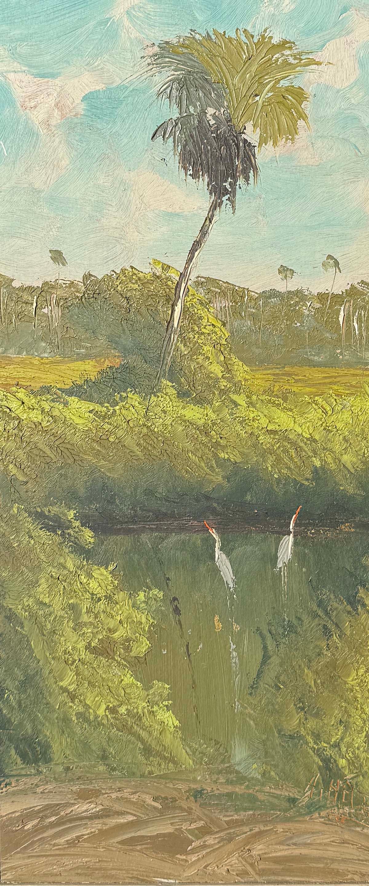 AL HAIR FLORIDA HIGHWAYMEN LANDSCAPE WITH EGRETS PAINTING: HAIR, Alfred, (American, 1941-1970): Florida Highwaymen Backwater Landscape with Palm and Wading Egrets, Oil/Upson Board, 24" x 12", signed lower right, framed, 27.5" x 15.5".
