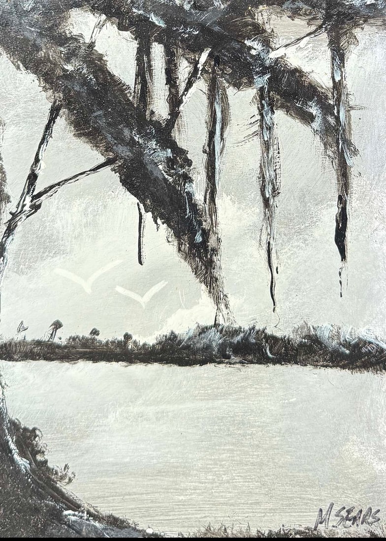 MARK SEARS MONOCHROMATIC FLORIDA HIGHWAYMEN STYLE PAINTING: MARK SEARS MONOCHROMATIC FLORIDA HIGHWAYMEN STYLE PAINTING: Oil/Masonite, 12" x 8.75", signed lower right, framed, 13" x 9.75".