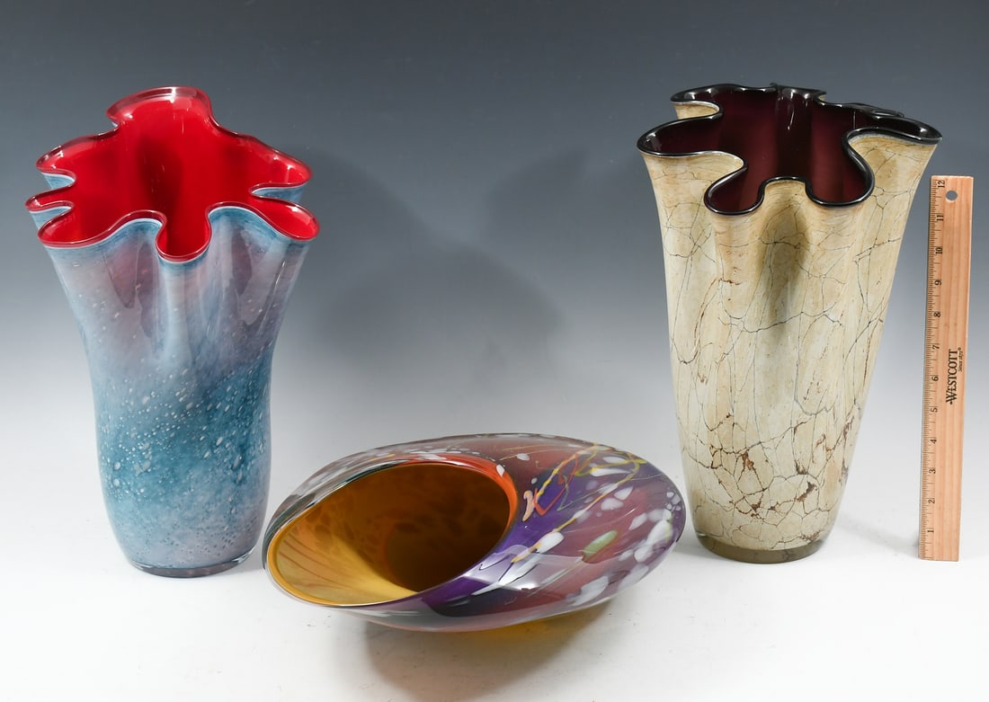 3 PC. ART GLASS LOW VASE HANDKERCHIEF VASES (1 of 5)