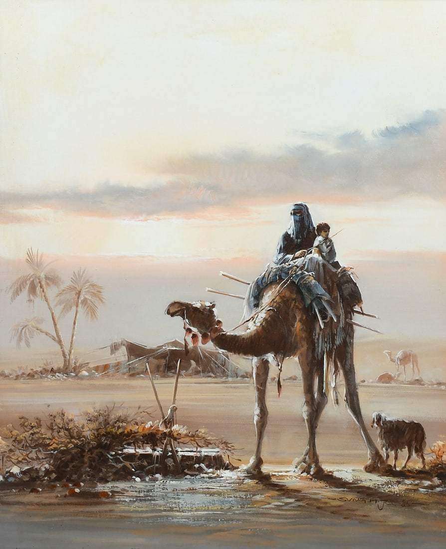 SUNG H. JEE ORIENTALIST DESERT SCENE PAINTING: JEE, Sung H., (20th Century): Oriental Desert Scene depicting a Caravan Camp with Camels and Riders, Oil/Canvas, 20" x 24", signed lower right and dated '85, framed, 32.25" x 28.125".