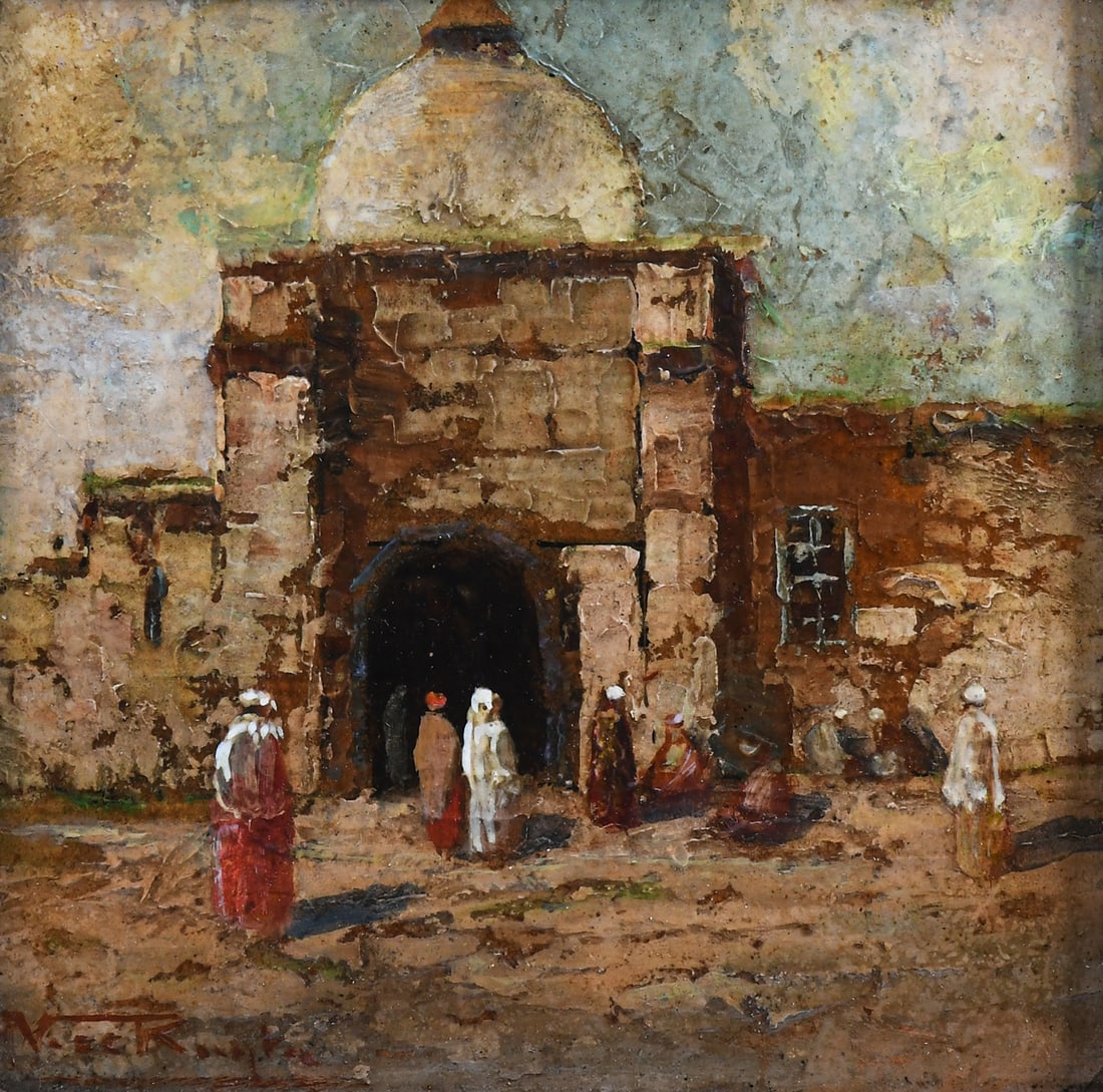 VICTOR RUYTER ORIENTALIST PAINTING: RUYTER, Victor, (German, b. 1870): Orientalist Scene with Figures Outside a Mosque, Oil/Board, 5" x 5", signed lower left, painted and gilded frame, 9" x 9.5".