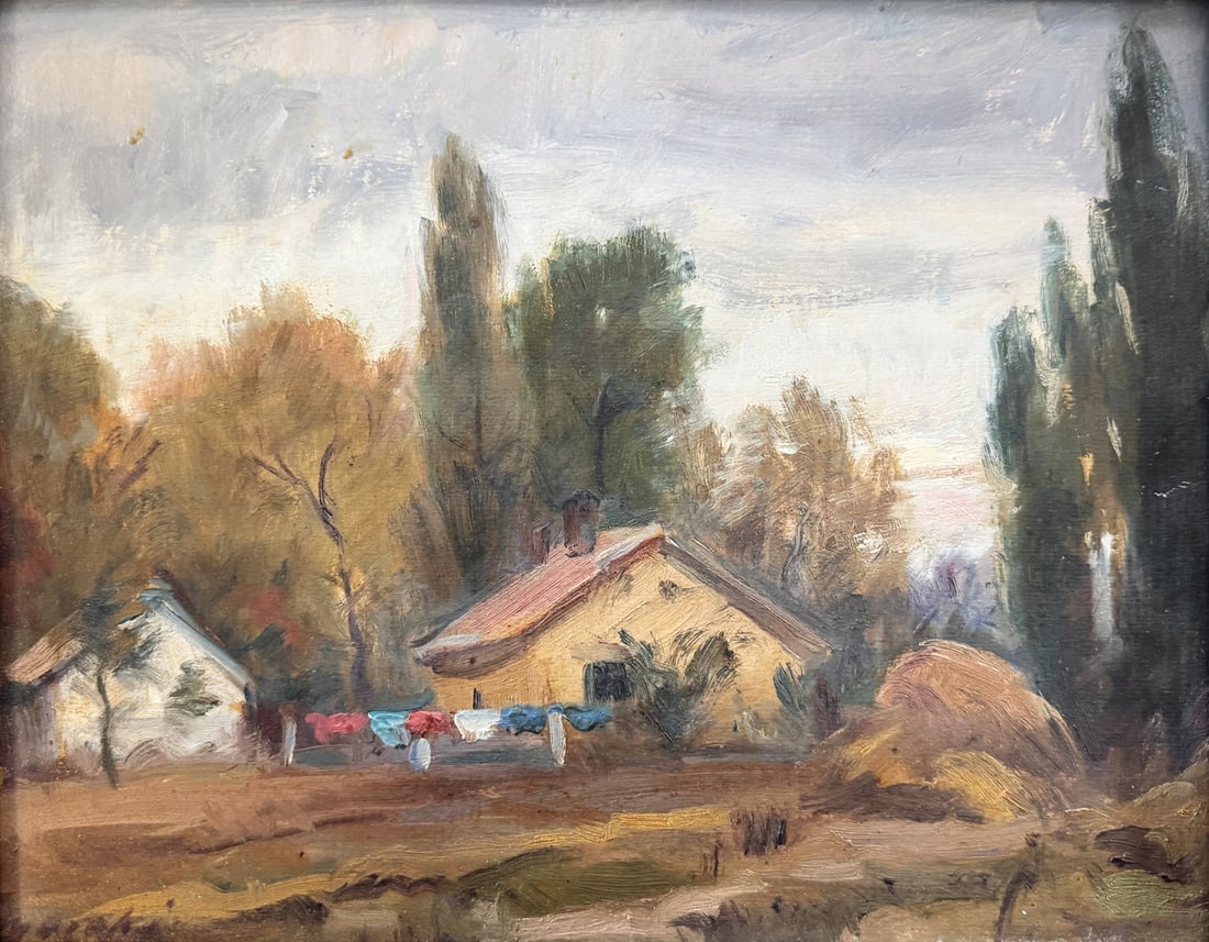 POLISH RURAL LANDSCAPE PAINTING ILLEGIBLY SIGNED: POLISH RURAL LANDSCAPE PAINTING ILLEGIBLY SIGNED: Country Landscape with Outbuildings and Clothes on the Line, Oil/Board, 11" x 14", illegibly signed lower left, framed, 13" x 16.25".