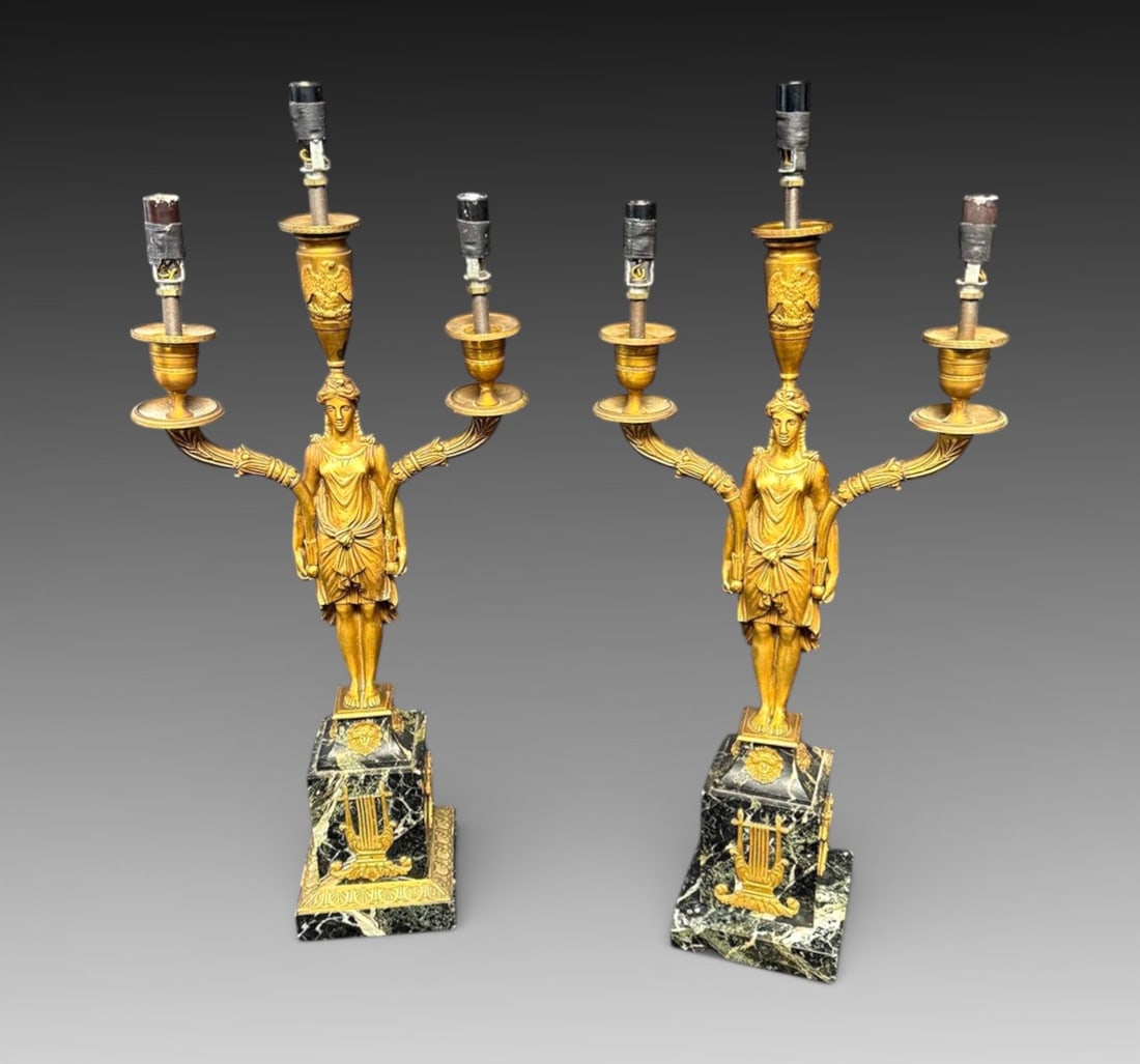 PR. GILT BRONZE & MARBLE CANDELABRA: PR. GILT BRONZE & MARBLE CANDELABRA: