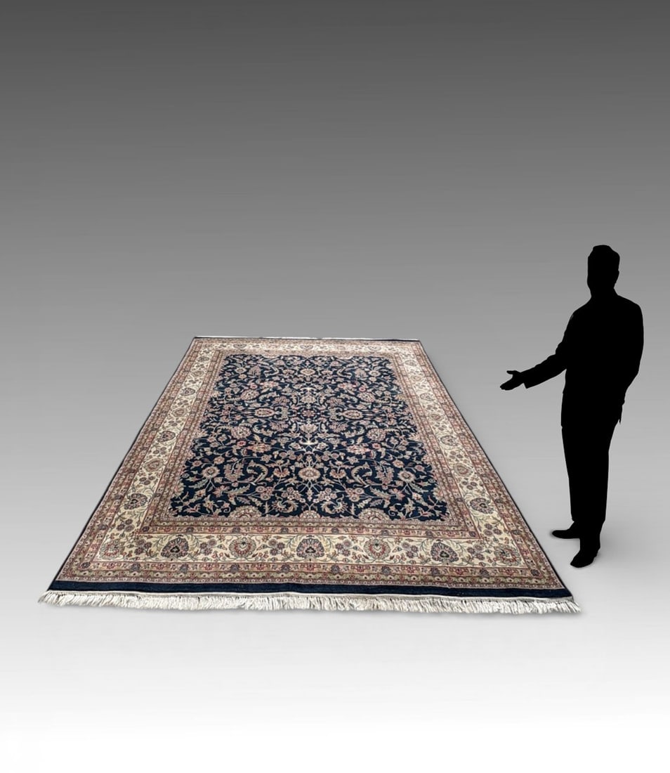 FINE PAK-PERSIAN KASHAN DESIGN CARPET:: FINE PAK-PERSIAN KASHAN DESIGN CARPET: Black floral field with ivory palmette border. Approx. 117" x 96"