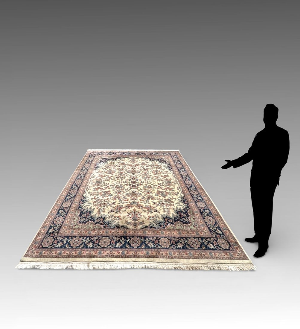 ESTATE INDO PERSIAN KASHAN DESIGN CARPET: ESTATE INDO PERSIAN KASHAN DESIGN CARPET: Ivory floral field with navy border. 120" x 98"