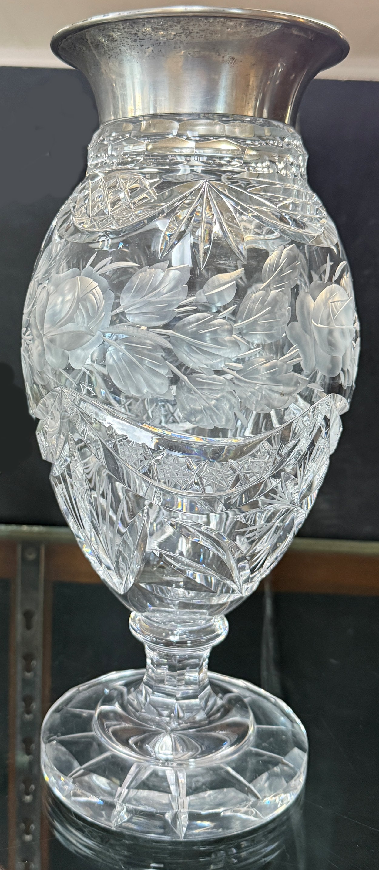 CUT CRYSTAL VASE WITH GERMAN SILVER MOUNT: CUT CRYSTAL VASE W/ GERMAN SILVER MOUNT: 13.5" H, stamped 800 with hallmarks, inscribed message in German roughly translates to "Heartfelt congratulations on the relocation of the business, the furrie