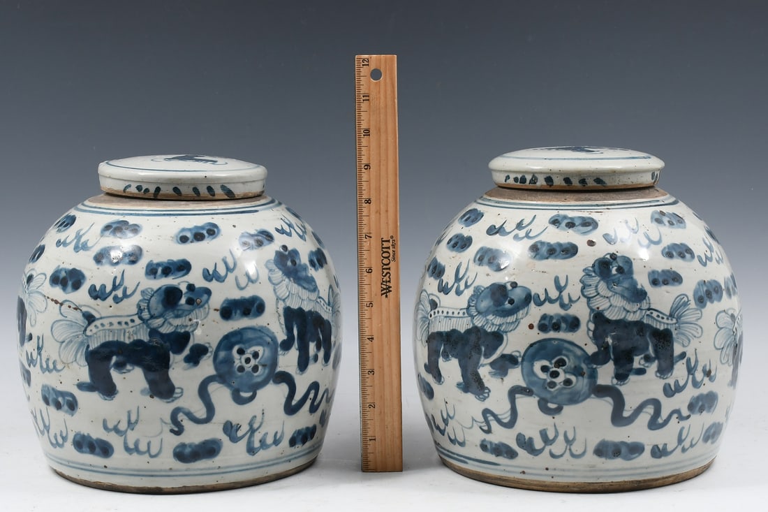PR. 19TH-C. CHINESE BLUE & WHITE FOO DOG JARS (1 of 5)