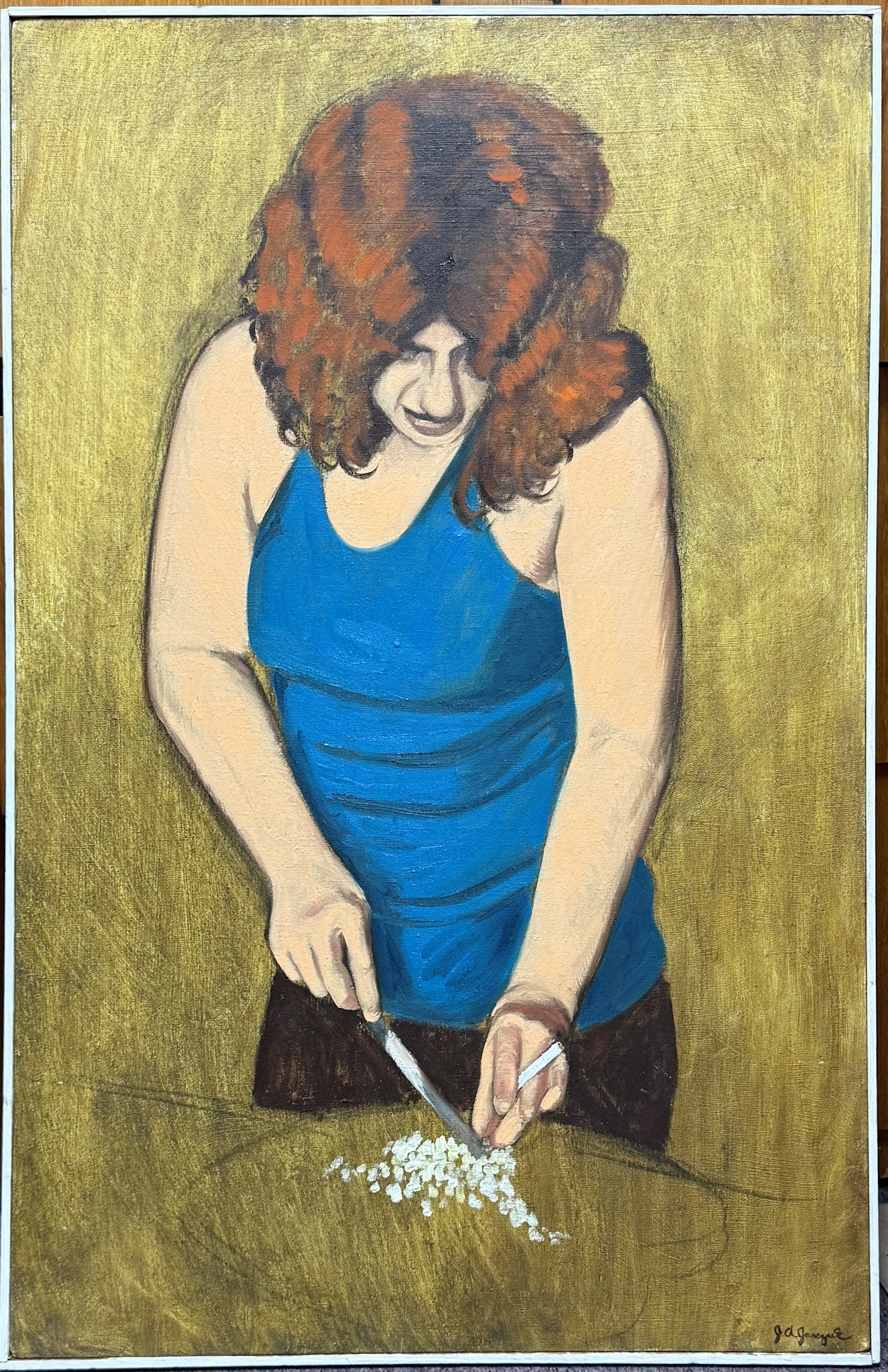 JOSEPH JANCZUK CUTTING ONIONS PAINTING: JOSEPH JANCZUK CUTTING ONIONS PAINTING: Redheaded woman smoking a cigarette while cutting onions, oil/Canvas, 36" x 24", signed lower right, titled verso, thin edge wood frame, 37" x 25".