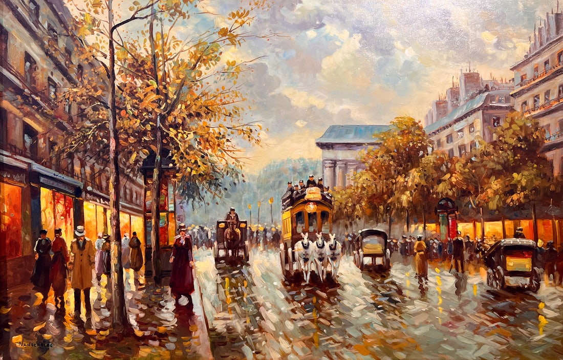 PARISIAN STREET SCENE PAINTING SIGNED VANDENBERG: PARISIAN STREET SCENE PAINTING SIGNED VANDENBERG: Impressionist Parisian Street Scene with Pedestrians and Carriages, Oil/Canvas, 24" x 36", signed "Vandenberg" lower left, framed, 31.125" x 43".