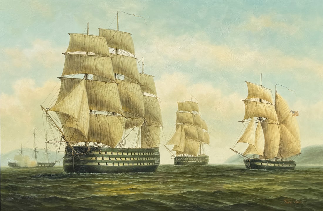JAMES HARDY THREE TALL SHIPS IN A HARBOR PAINTING: HARDY, James, (English, b. 1937): Three Tall Ships in a Harbor, Oil/Canvas, 26" x 38", signed lower right, carved and gilded frame, 34" x 46".