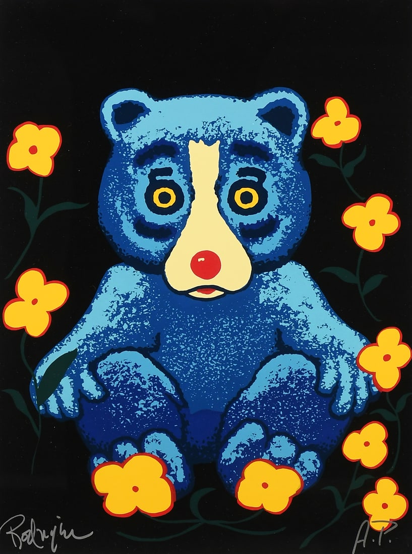 GEORGE RODRIGUE ARTIST PROOF SILKSCREEN: RODRIGUE, George, (American, 1944-2013): "Bearly Spring Black", Silkscreen, sight size 22.5" x 16.5", signed lower left, makred "AP" lower right, custom shadowbox frame, 29.75" x 23.75".