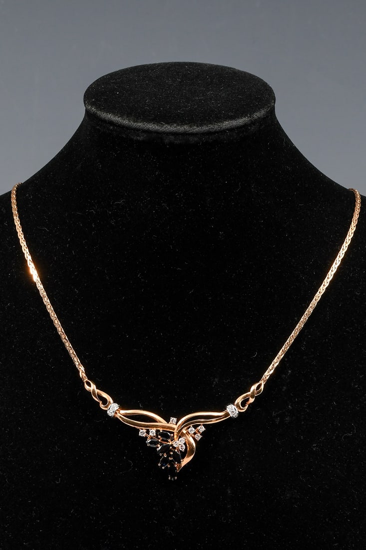NOUVEAU STYLE 14K GOLD, DIAMOND, SAPPHIRE NECKLACE (1 of 6)