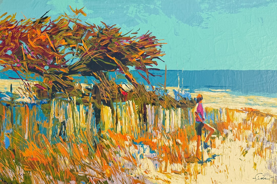 NICOLA SIMBARI BEACH LANDSCAPE SERIGRAPH ON CANVAS: SIMBARI, Nicola, (Italian, 1927-2012): Lone Figure on a Sandy Beach, Serigraph/Canvas, sight size 24.25" x 36.5", signed lower right, marked "RP3" lower left, custom textured wood frame, 31.5" x 44".