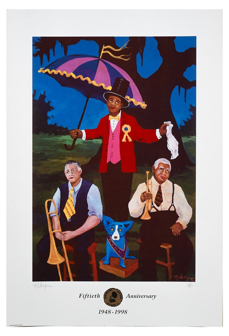 RODRIGUE NEW ORLEANS JAZZ CLUB OFFSET LITHOGRAPH: RODRIGUE, George, (American, 1944-2013): Promotional image for the 50th Anniversary of the New Orleans Jazz Club in 1998, Offset Lithograph, 35" x 24", pencil signed lower left, numbered 393/400 lower