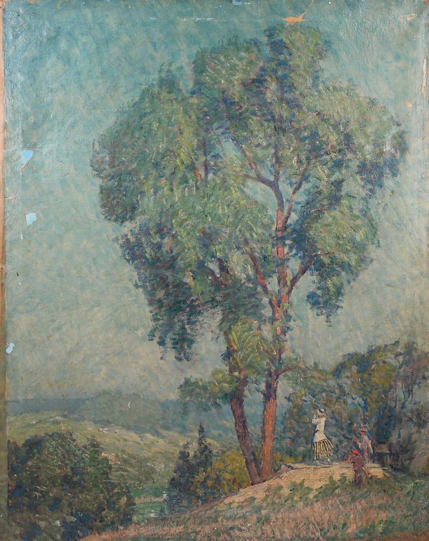 ARTHUR SCHNEIDER HILLY LANDSCAPE PAINTING: SCHNEIDER, Arthur, (American, 1866-1942): Landscape with Two Figures under a Large Tree with Rolling Hills in the Distance, Oil/Canvas, 36" x 29", no visible signature, thin-edge wood frame, 36.75" x
