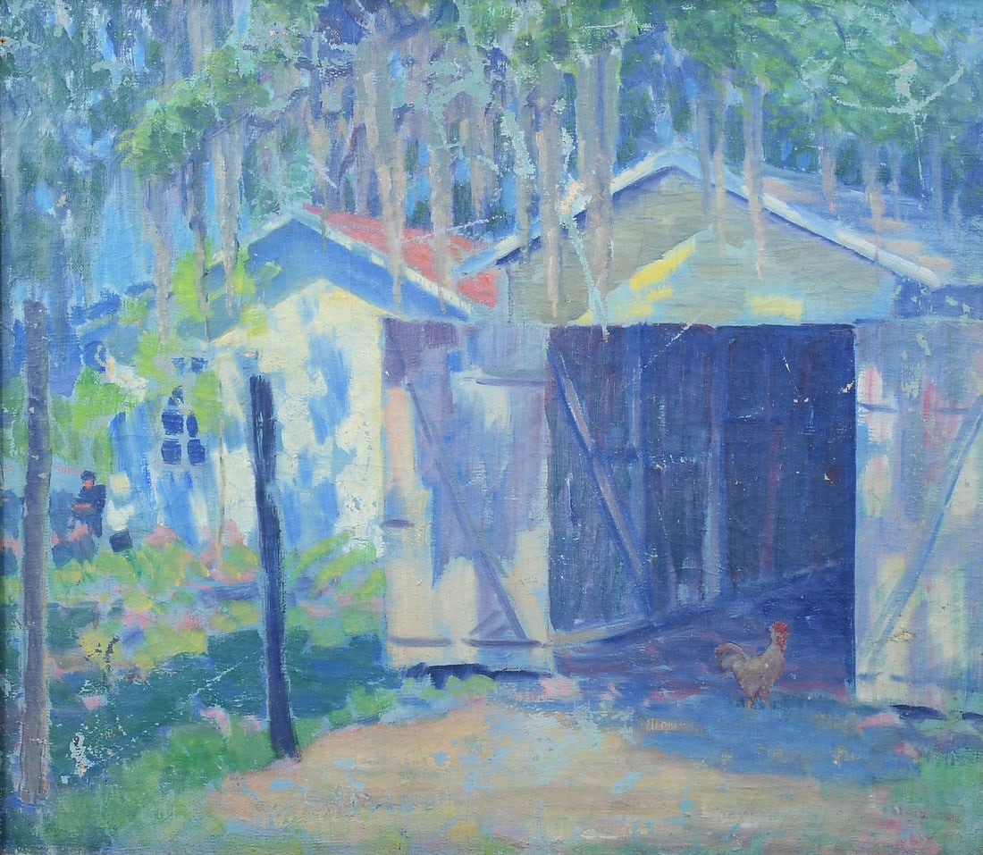 ARTHUR SCHNEIDER LANDSCAPE WITH SHED PAINTING: SCHNEIDER, Arthur, (American, 1866-1942): Rural Landscape with an Old Shed, Rooster, Spanish Moss, and House in the Background. Oil/Canvas, 20" x 24", no visible signature, framed, 26" x 30".