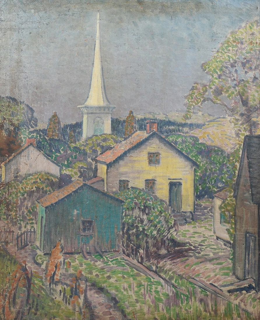 ARTHUR SCHNEIDER VILLAGE TOWNSCAPE PAINTING: SCHNEIDER, Arthur, (American, 1866-1942): Rural Village Landscape with Houses and Church Steeple in the Distance, 24" x 20", no visible signature, framed, 26.5" x 22.5".